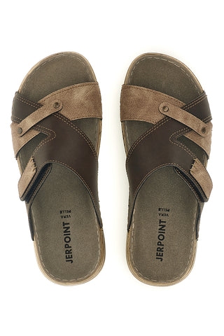Braune Hausschuhe mit Klettverschluss und echter Ledersohle Jerpoint 8013PSSK