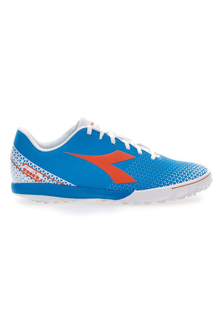 Blaue Kunstrasen-Fußballschuhe mit orangefarbenem Diadora Pichichi 6 Tfr-Logo