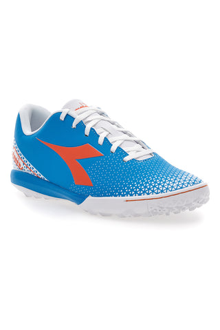 Blaue Kunstrasen-Fußballschuhe mit orangefarbenem Diadora Pichichi 6 Tfr-Logo