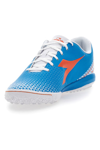 Blaue Kunstrasen-Fußballschuhe mit orangefarbenem Diadora Pichichi 6 Tfr-Logo