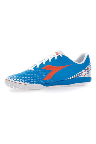Blaue Kunstrasen-Fußballschuhe mit orangefarbenem Diadora Pichichi 6 Tfr-Logo