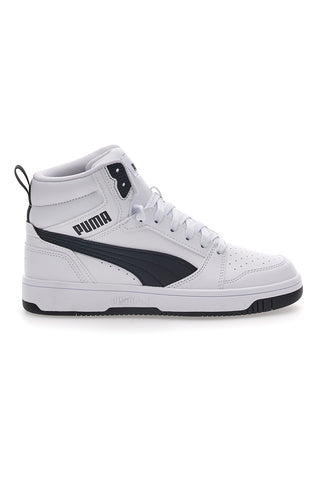 Weiße und schwarze mittelhohe Puma Rebound V6 Mid Jr.-Sneaker