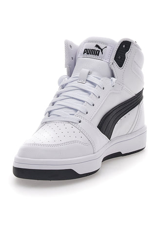 Weiße und schwarze mittelhohe Puma Rebound V6 Mid Jr.-Sneaker