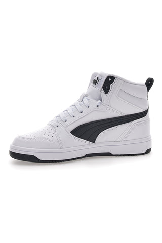 Weiße und schwarze mittelhohe Puma Rebound V6 Mid Jr.-Sneaker