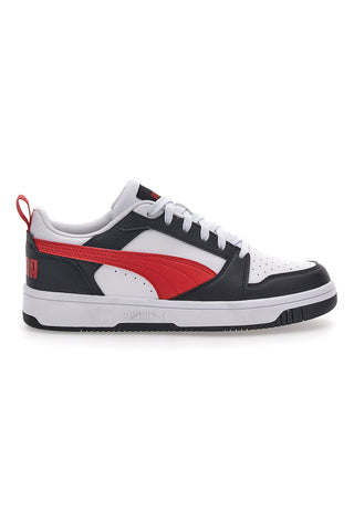 Weiße Turnschuhe mit rotem Seitenband Puma Rebound V6 LO JR