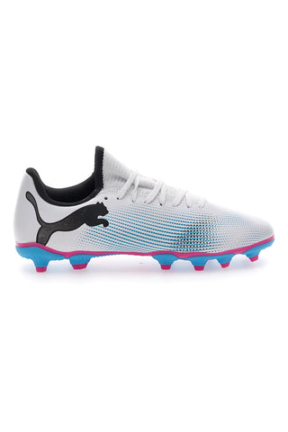 Weiße Fußballschuhe mit hellblauen Stollen Puma Future 7 Play FG/AG JR