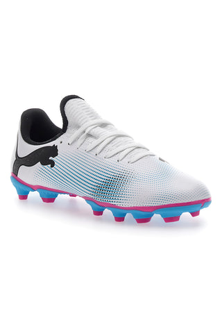 Weiße Fußballschuhe mit hellblauen Stollen Puma Future 7 Play FG/AG JR