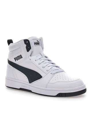 Weiße und schwarze mittelhohe Puma Rebound V6-Sneaker