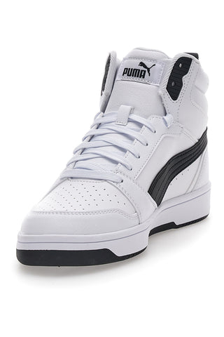 Weiße und schwarze mittelhohe Puma Rebound V6-Sneaker