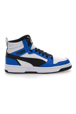 Weiße und blaue Puma Rebound V6 mittelhohe Sneaker