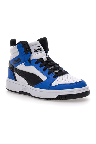 Weiße und blaue Puma Rebound V6 mittelhohe Sneaker