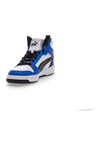 Weiße und blaue Puma Rebound V6 mittelhohe Sneaker