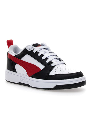 Weiße Turnschuhe mit rotem Seitenband Puma Rebound V6 LO JR