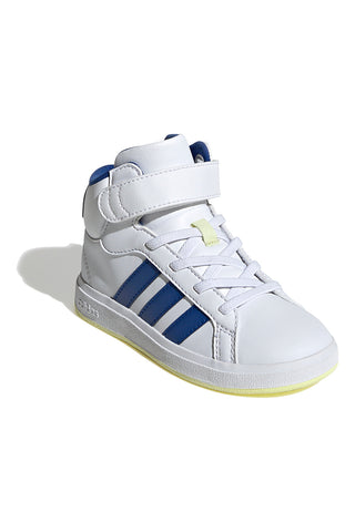 Adidas Grand Court Mid K – Weiße und blaue Mid-Cut-Sneaker mit bunten Details