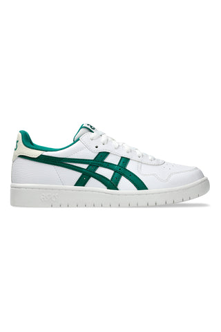 Weiße Turnschuhe mit grünem ASICS JAPAN S GS-Logo