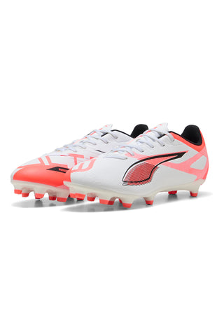 Weiße und rote Fußballschuhe mit Puma ULTRA 5 PLAY FG/AG-Stollen