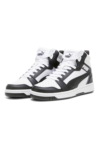 Weiße und schwarze Mid-Cut-Sneaker aus synthetischen Materialien Puma Rebound V6 Mid Jr