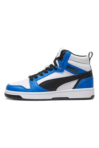 Puma Rebound V6 Mid Jr – High-Top-Sneaker im Basketball-Stil in Weiß, Blau und Schwarz