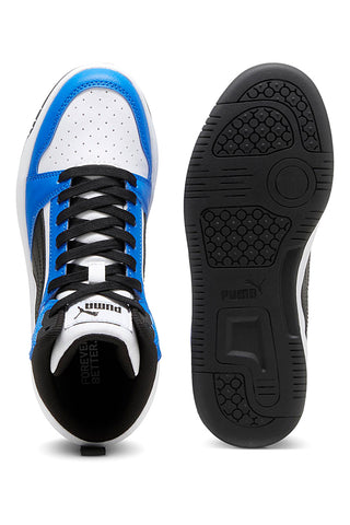 Sneakers alte bianche blu e nere stile basket Puma Rebound V6 Mid Jr