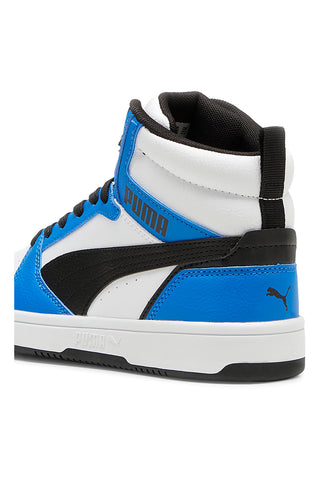 Sneakers alte bianche blu e nere stile basket Puma Rebound V6 Mid Jr