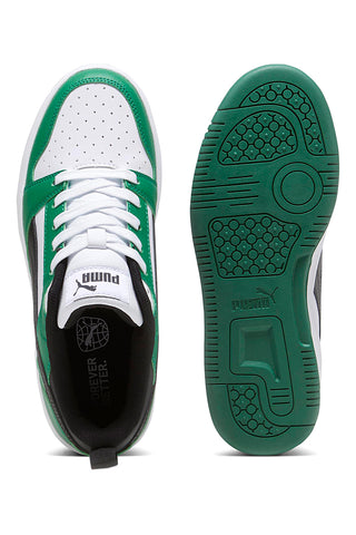 Sneakers basse bianche verdi e nere stile basket Puma Rebound V6 Lo Jr
