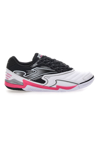 Joma Cancha 2502 Indoor, schwarz-weiße Hallenfußballschuhe mit fuchsiafarbenen Details