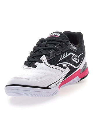 Joma Cancha 2502 Indoor, schwarz-weiße Hallenfußballschuhe mit fuchsiafarbenen Details