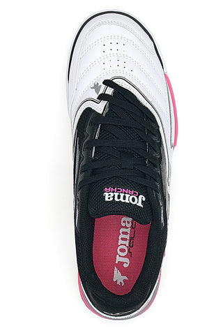 Joma Cancha 2502 Indoor, schwarz-weiße Hallenfußballschuhe mit fuchsiafarbenen Details