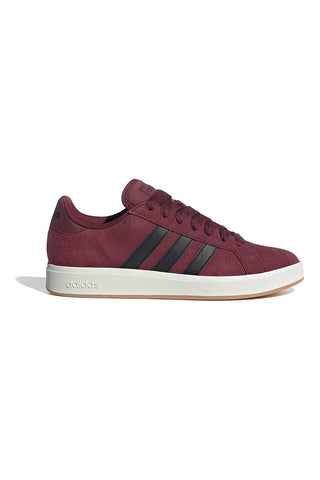 Adidas Grand Court Base 00s Sneaker aus burgunderrotem Leder mit schwarzen Streifen