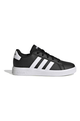 Adidas Grand Court 2 K schwarze Schuhe mit weißen Streifen aus synthetischen Materialien