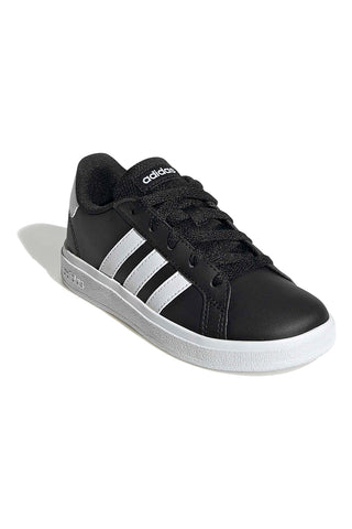 Adidas Grand Court 2 K schwarze Schuhe mit weißen Streifen aus synthetischen Materialien