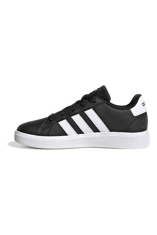 Adidas Grand Court 2 K schwarze Schuhe mit weißen Streifen aus synthetischen Materialien