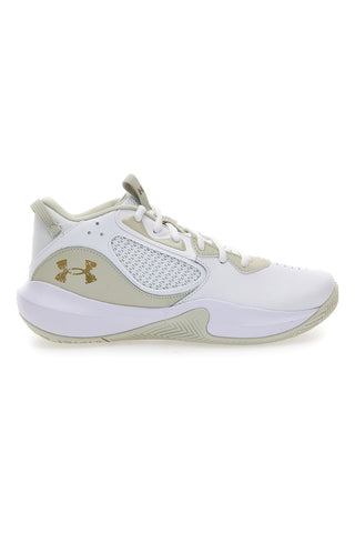 Weiße Basketballschuhe Under Armour Lockdown 6 mit beigen Einsätzen und gepolsterter Sohle