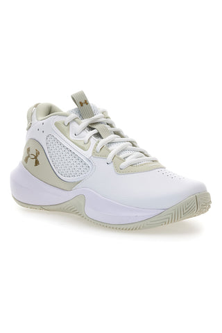 Weiße Basketballschuhe Under Armour Lockdown 6 mit beigen Einsätzen und gepolsterter Sohle