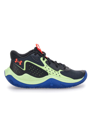 Under Armour GS Jet '23 Schwarze Basketballschuhe mit Limettendetails und blauer Außensohle