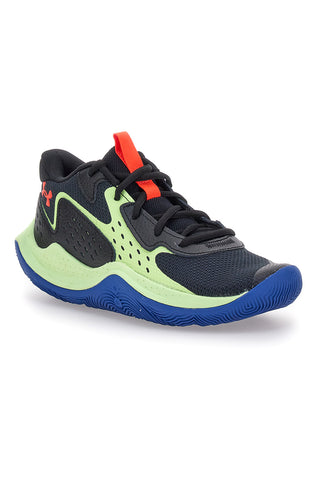 Under Armour GS Jet '23 Schwarze Basketballschuhe mit Limettendetails und blauer Außensohle