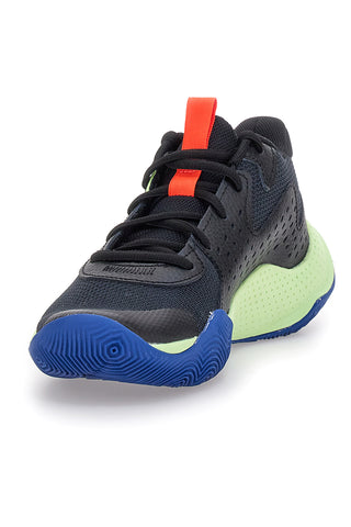 Under Armour GS Jet '23 Schwarze Basketballschuhe mit Limettendetails und blauer Außensohle