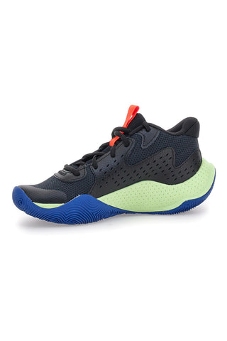 Under Armour GS Jet '23 Schwarze Basketballschuhe mit Limettendetails und blauer Außensohle