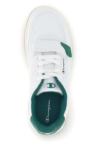 Weiße Turnschuhe mit grünen Champion Rs25 U Gs Details