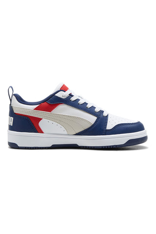 Blaue und rot-weiße Turnschuhe im Basketball-Stil Puma Rebound V6 Lo Jr