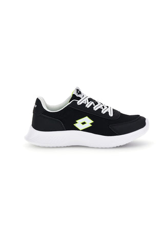 Schwarze Fitnessschuhe mit gelben Einsätzen und Air Memory Foam Lotto Run 90 Amf Jr