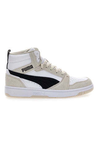 Puma Rebound V6 SD, weiße und beige Mid-Cut-Sneaker mit kontrastierenden Einsätzen