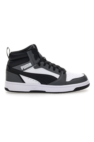 Puma Rebound V6, schwarz-weiße Mid-Cut-Sneaker mit kontrastierenden Einsätzen