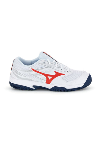 Weiße Tennisschuhe mit roten und blauen Details: Mizuno Break Shot 5 CC