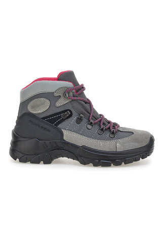 Graue Trekkingstiefel mit fuchsiafarbenen Details und Profilsohle. Artikelnummer: 13342S41
