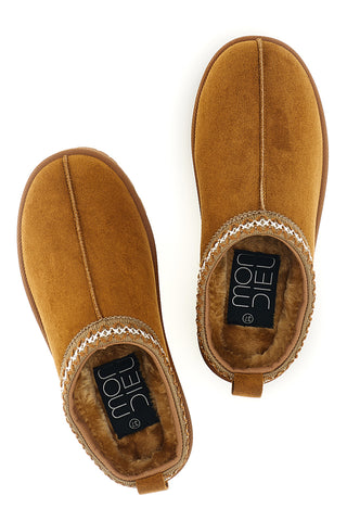 Pantofole cammello con interno in pelliccia e ricamo a contrasto Mon dieu PK1617B