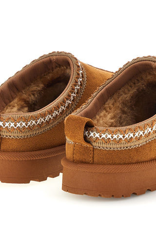 Pantofole cammello con interno in pelliccia e ricamo a contrasto Mon dieu PK1617B