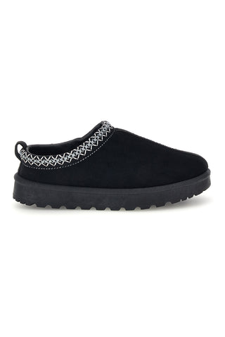 Pantofole nere con interno in pelo e ricamo a contrasto Mon dieu PK1617C