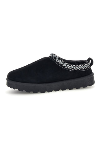 Pantofole nere con interno in pelo e ricamo a contrasto Mon dieu PK1617C