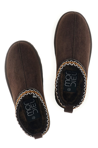 Braune Stiefeletten mit Fellfutter und kontrastierender Stickerei „Mon dieu“ PK1617E